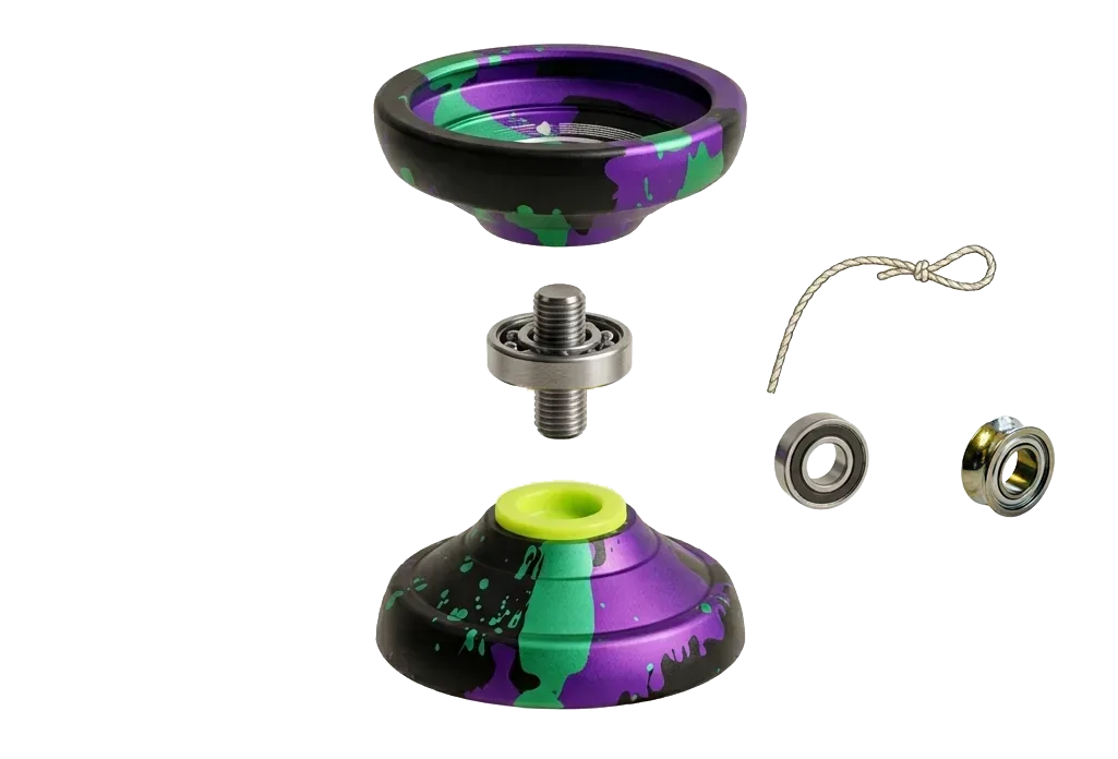 Disassembled yo-yo: body, bearing, axle, silicone pad, string